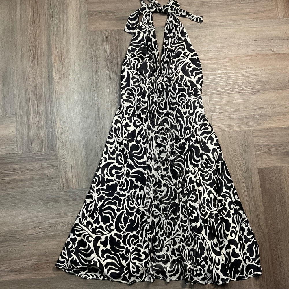 Y2K White House‎ Black Market Silk Floral Midi Halter Dress Womens 0 Black White